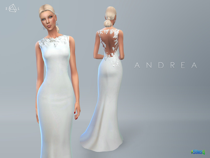 Ein Sim mit blondem Haar steht in einem CC-Brautkleid, das einen offenen Rücken mit Spitzenverzierung an den Rändern hat und heruntergeht. Das Sims 4-Logo befindet sich auch in der Ecke!