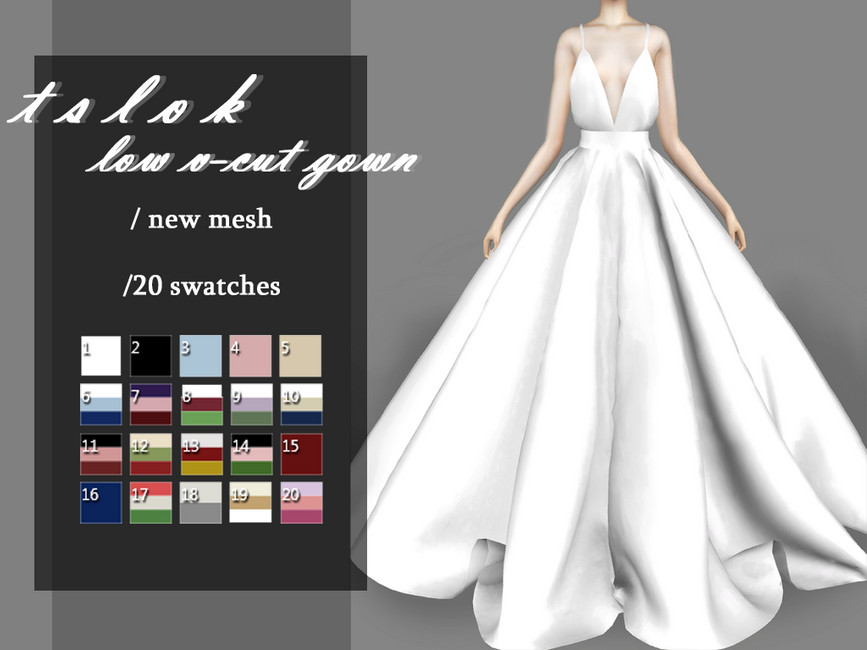 Ein Hochzeitskleid mit einem tiefen V-Ausschnitt und dünnen Trägern, das Kleid wird in der Taille zusammengezogen und hat einen großen, puffigen Rock