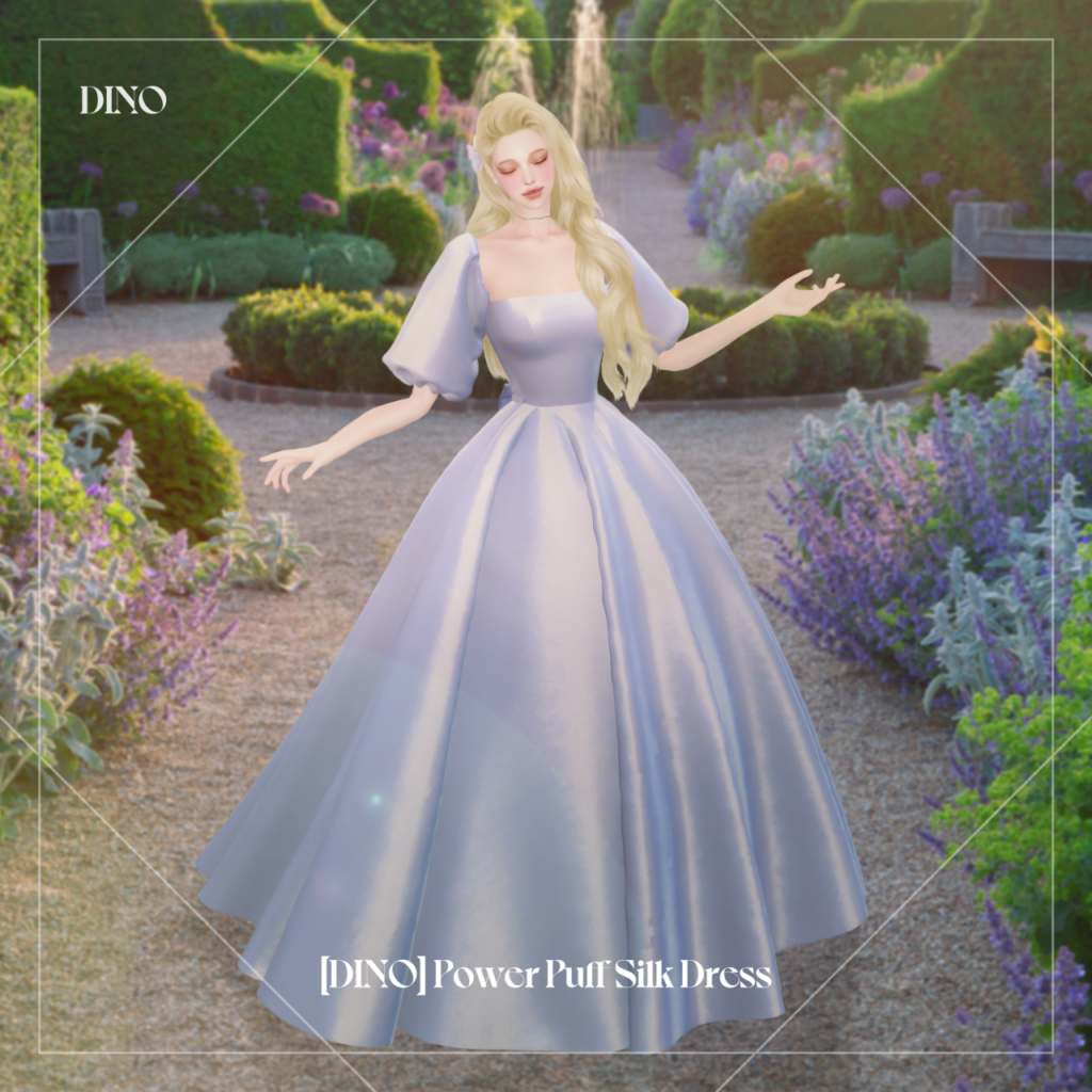 Ein Sims 4 CC Hochzeitskleid mit einem geraden Ausschnitt, einem Satz wunderschöner Puffärmel, die perfekt mit dem riesigen Puffrock harmonieren