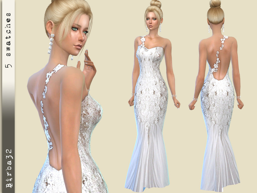 Ein Charakter in Die Sims 4 mit blondem Haar, der ein CC-Brautkleid trägt, das einen Meerjungfrauenstil hat und aus einem Blumengurt besteht