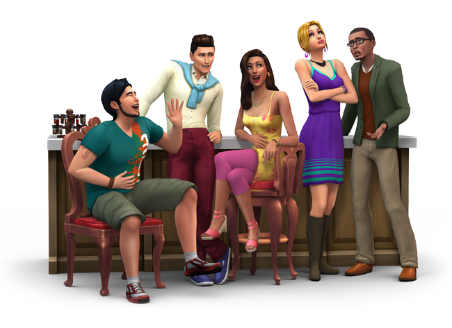 Fünf Sims stehen um eine Bar herum, einer von ihnen könnte Getränke zubereiten, wenn er den Sims 4 Mixologie-Fähigkeits-Cheat verwendet