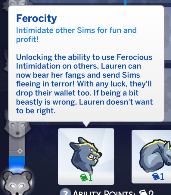 Beschreibung der Sims 4 Werwolf-Fähigkeiten für Ferocitur