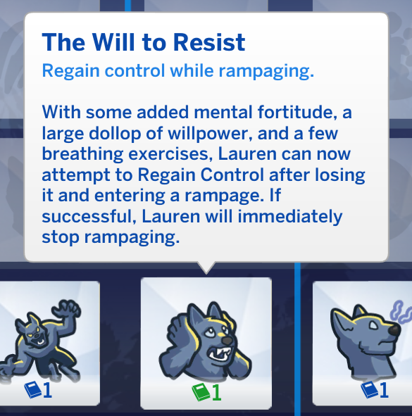 Beschreibung der Sims 4 Werwolf-Fähigkeit Der Wille zum Widerstand