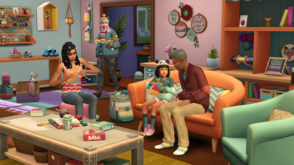 Eine Familie von Sims, die im Spiel Die Sims 4 die Strickfertigkeit lernen
