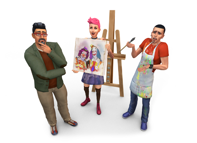 Drei Charaktere in Die Sims 4, der erste hält einen Pinsel, der zweite hält ein Gemälde und der dritte beurteilt. Der Sim hätte den Sims 4 Malen-Fähigkeits-Cheat verwenden sollen.
