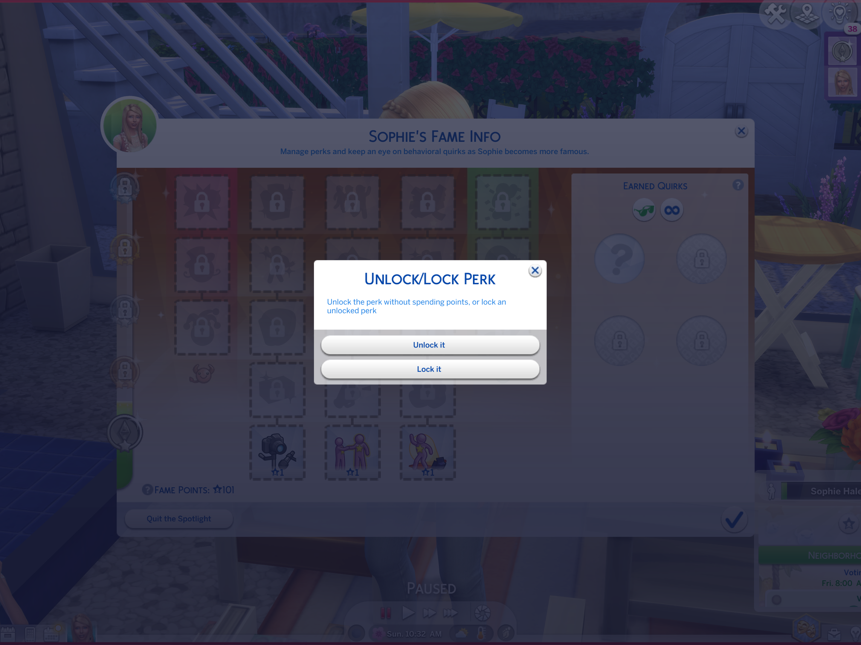 Die UI Cheats Extension-Menüseite zum Freischalten von Ruhm-Perks ohne die Verwendung von Perk-Punkten in Die Sims 4: Werde berühmt.