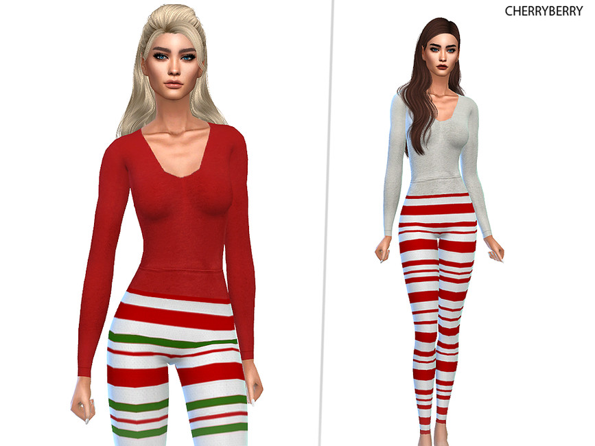 Ein Sim mit blonden Haaren trägt ein rotes Langarmshirt und eine Strumpfhose in rot und grün gestreift