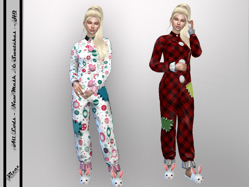 Derselbe Sim aus Die Sims 4 trägt zweimal einen lustigen Onesie mit CC-Weihnachtsornamenten