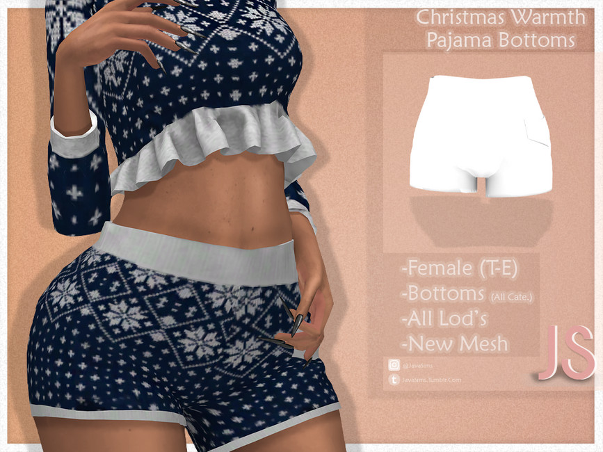 Ein Sim zeigt sein Weihnachtsmuster-Pyjama-Set, ein Hemd mit Rüschen und eine Shorts
