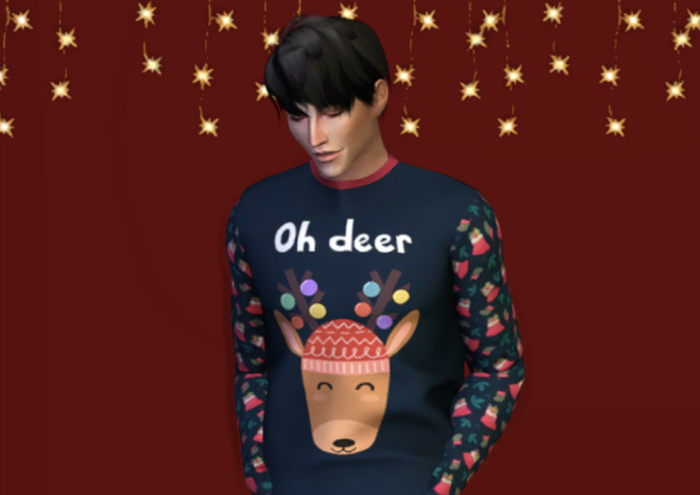Ein männlicher Sim mit schwarzen Haaren schaut auf den Boden. Dieser Sim trägt ein Pyjama-Shirt mit der Aufschrift Oh Deer und einem Hirsch, der einen Weihnachtshut trägt.