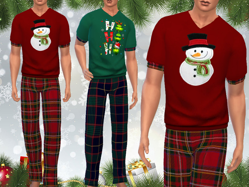 Ein männlicher Sim, der eine karierte Hose und ein Hemd mit Karomuster an den Ärmeln und einem Schneemann auf der Vorderseite trägt