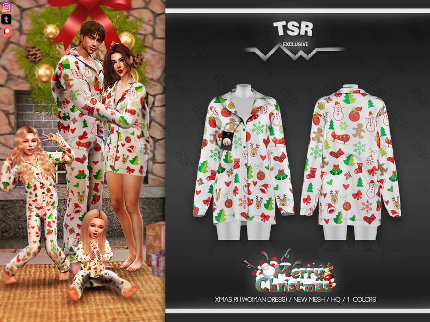 Ein Sims 4 CC Weihnachts-Pyjama-Set mit einem wilden Muster aus Schneeflocken, Rentieren, Strümpfen, Bäumen und mehr.