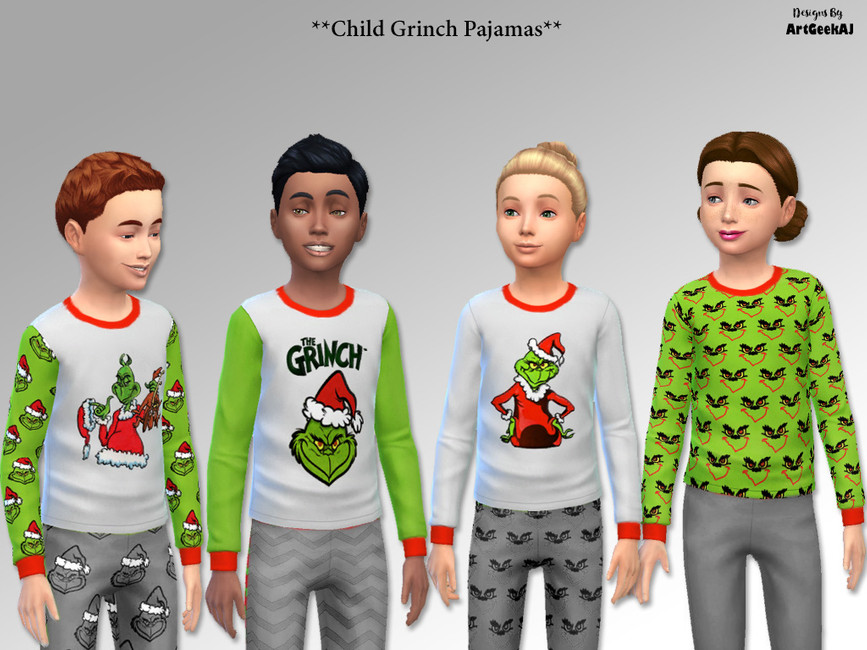 Vier Sims-Kinder, die CC-Pyjama-Shirts tragen, auf denen der beliebte Weihnachtscharakter, der Grinch, abgebildet ist.
