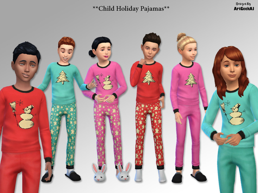 Eine Gruppe von Kindern, die passende Sims 4 CC Weihnachtspyjamas tragen. Diese Pyjamas haben Schneemänner oder Weihnachtsbäume auf ihnen.