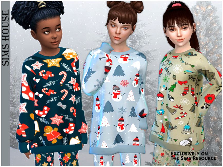 Drei weibliche Kinder in Die Sims 4, die einen übergroßen Weihnachtspullover als ihre CC-Schlafanzüge tragen.