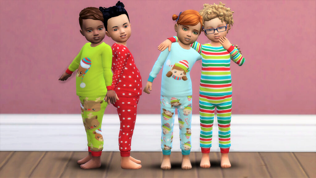 Vier Kleinkinder in Die Sims 4, die CC-Schlafanzüge tragen