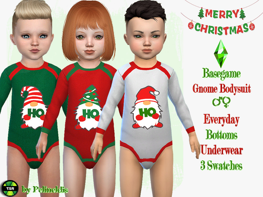 Ein Set von drei Sims, die passende langärmelige Weihnachtsstrampelanzüge tragen.