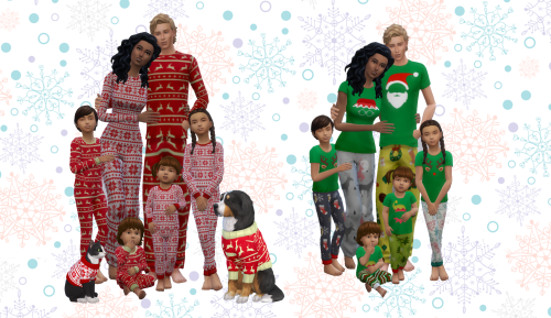 Zwei Bilder nebeneinander von einer Sims-Familie, die passende Schlafanzüge trägt, sogar die Haustiere.