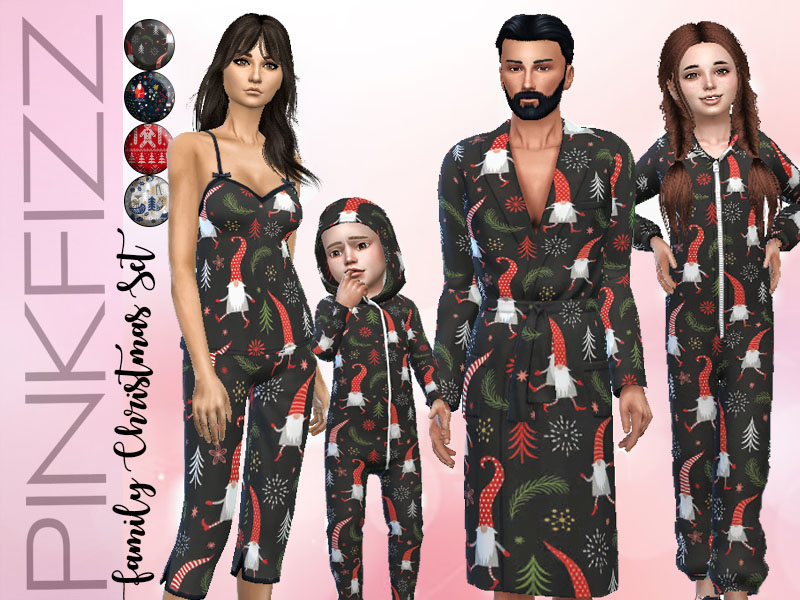 Eine Sims-Familie, das Kind und der Kleinkind tragen Overalls, der Vater trägt einen Bademantel und die Mutter trägt einen Schlafanzug. Alle Optionen haben einen schwarzen Hintergrund mit Gnomen und Bäumen oben drauf.