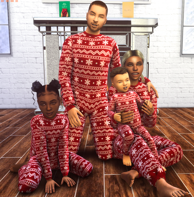 Eine Familie von Sims, die einen roten Schlafanzug mit Schneeflocken und Chevron-Streifen tragen