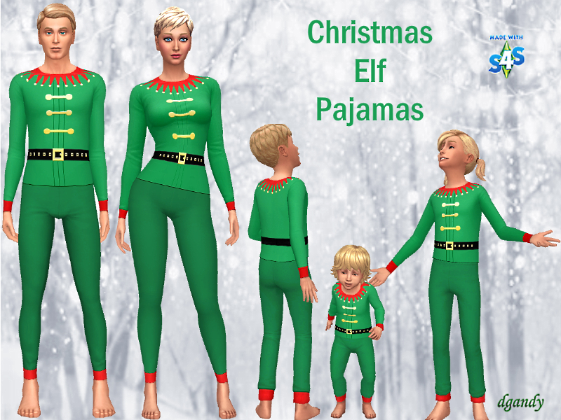 Eine Familie von Sims in Die Sims 4, die eine grüne Leggings mit einem passenden grünen Elf-Oberteil trägt.