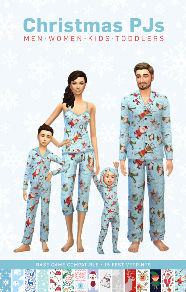 Ein Set Sims 4 CC Weihnachtspyjamas. Es gibt Optionen für jedes Alter mit einem hellblauen Muster mit Rentieren, dem Weihnachtsmann und Pinguinen.