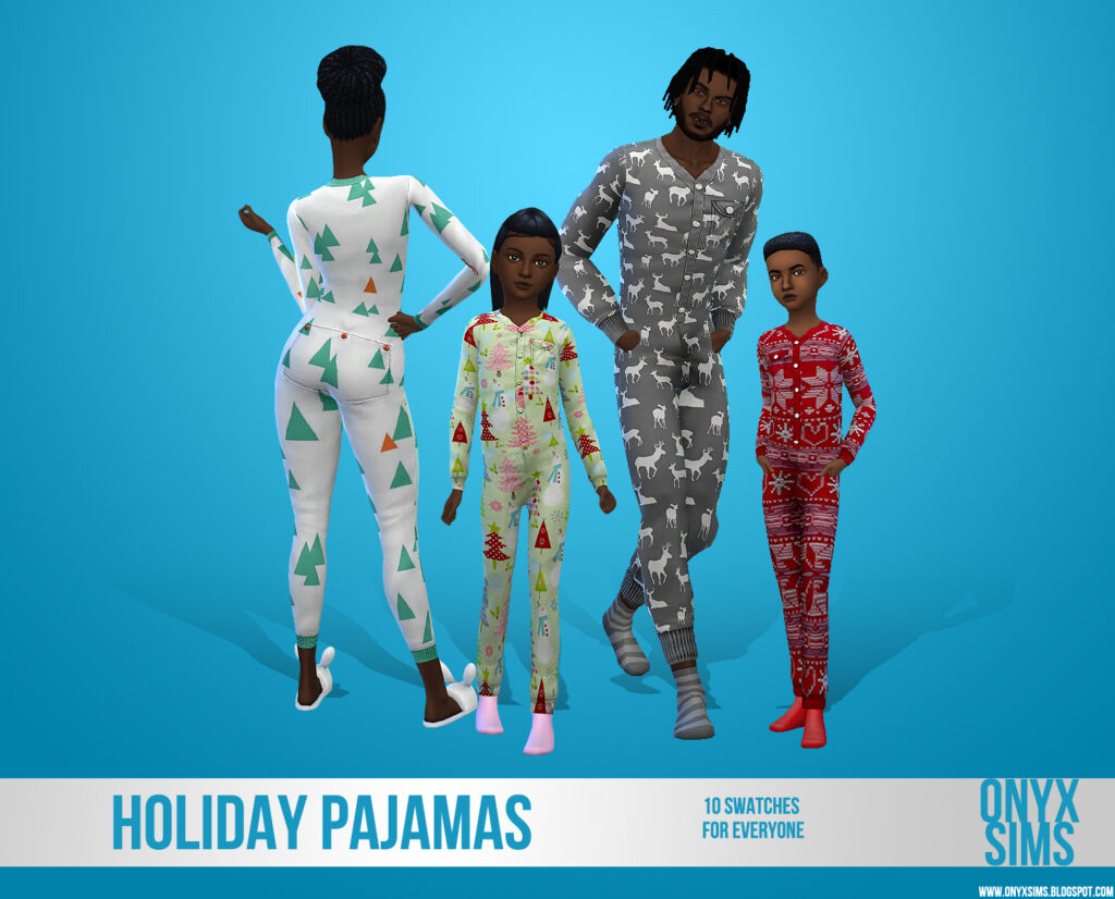 Vier Sims tragen Weihnachtspyjamas in verschiedenen Farben und posieren