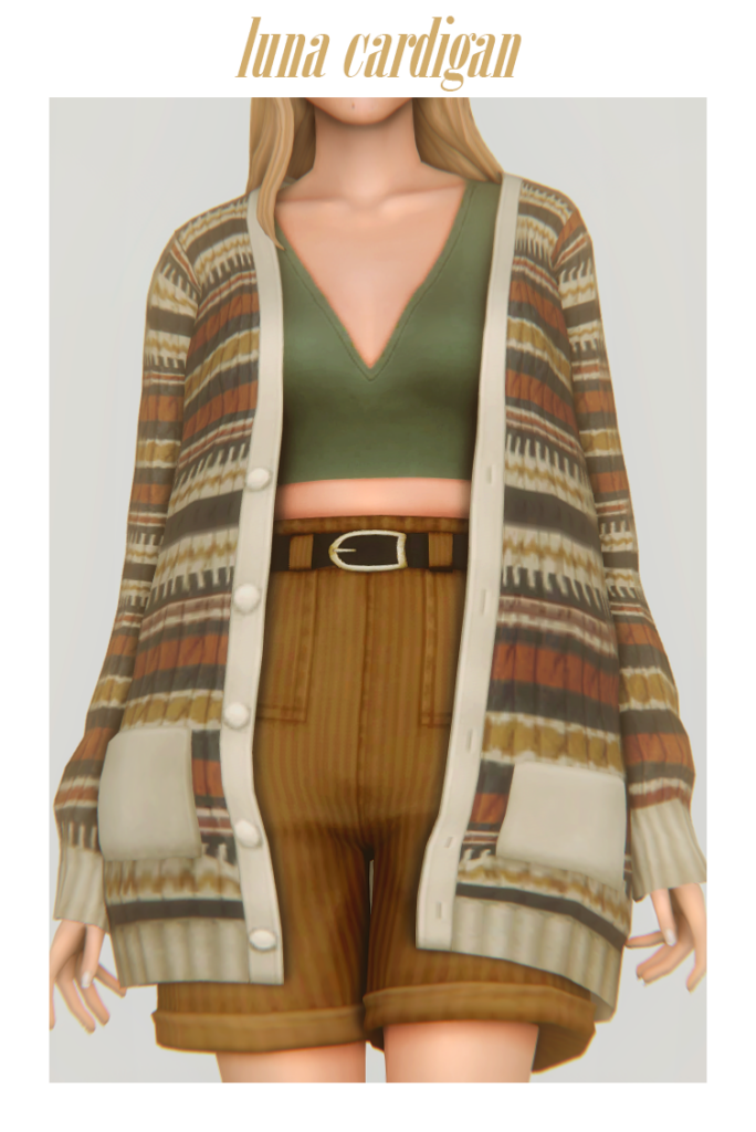 Ein Sim, der ein grünes bauchfreies Tanktop und eine braune hoch taillierte Shorts trägt, dazu trägt er eine gemusterte Oversize-Strickjacke.