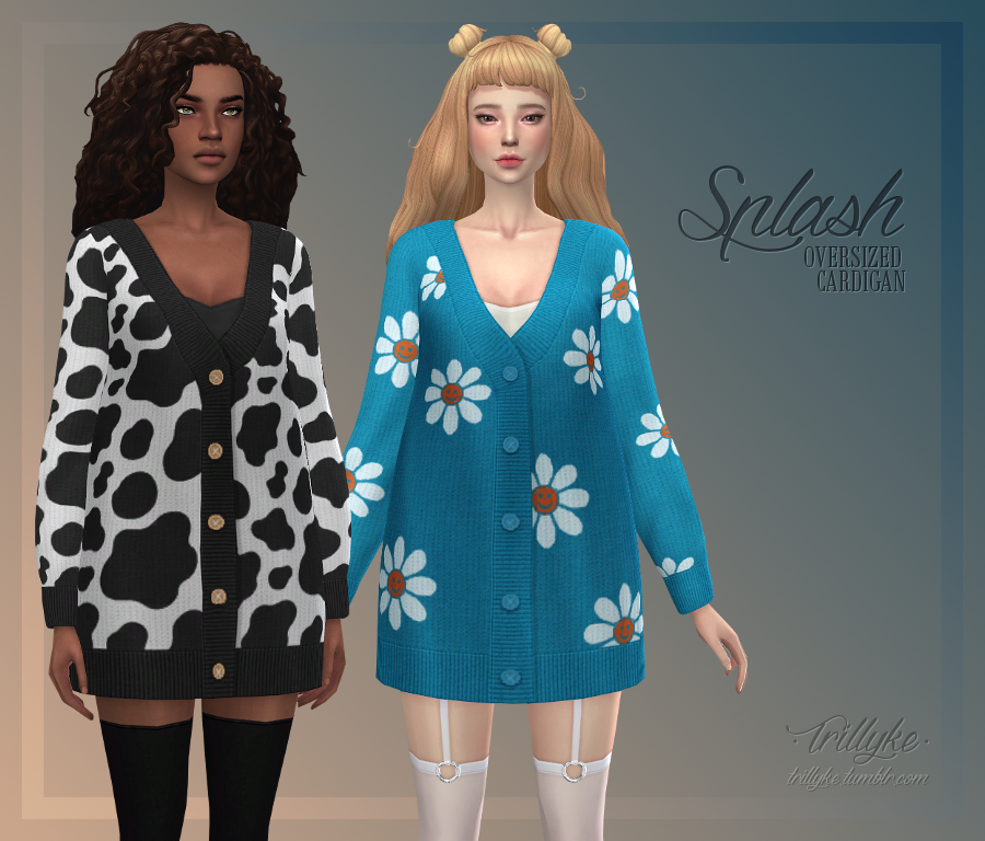 Zwei Sims stehen in verschiedenen einfachen Posen, sie tragen lange, übergroße Cardigans, praktisch ein Kleid, in einem Kuhmuster und einem Lächelblumenmuster.