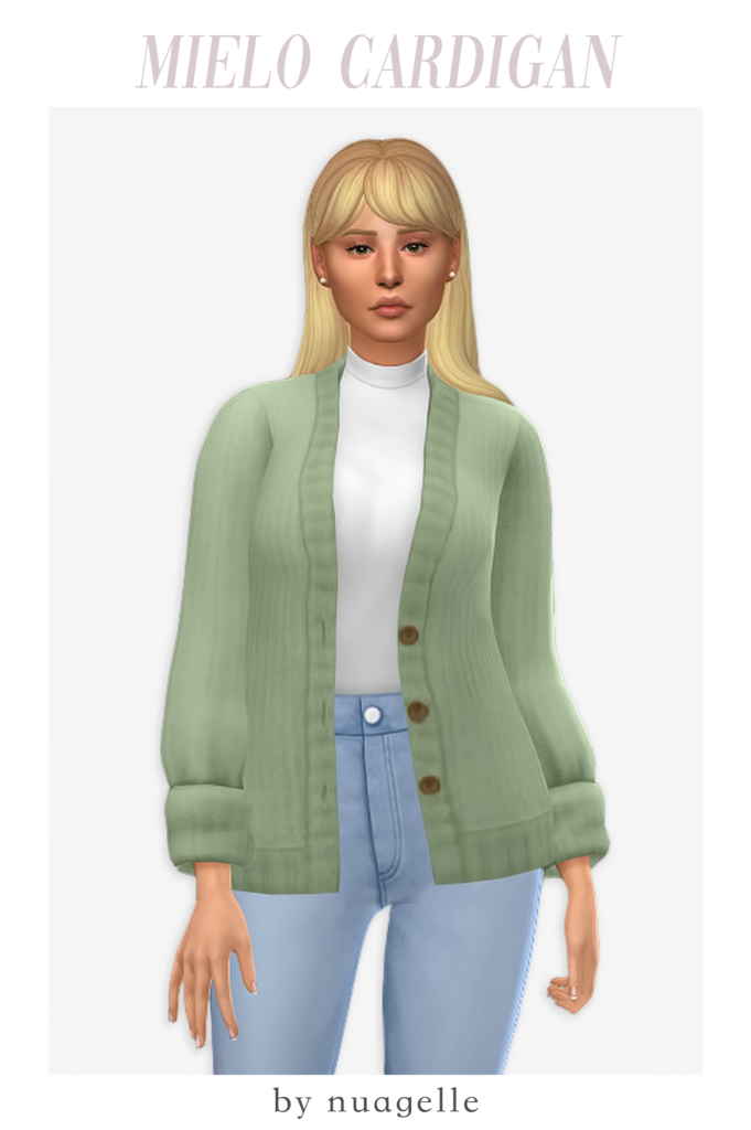 Ein blondes Sim mit geradem Pony, der blaue Jeans und ein weißes hochgeschlossenes Shirt unter einem grünen Cardigan mit hochgekrempelten Ärmeln trägt.