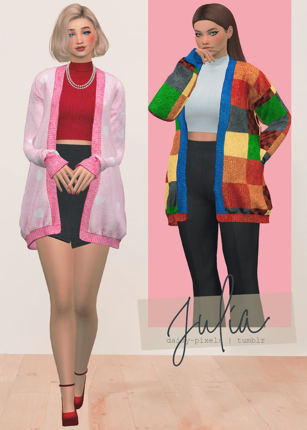 Zwei weibliche Charaktere aus Die Sims 4, die eine gestrickte Strickjacke tragen. Eine ist mit Herzen bedeckt und die andere mit Patchwork.