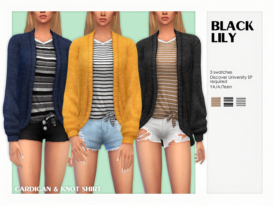 Die gleiche Sim dreimal, wobei ihr Kopf aus dem Bild ausgeschnitten ist. Sie tragen alle Shorts mit einem gestreiften Oberteil, das an der Hüfte gebunden ist, und eine Strickjacke.