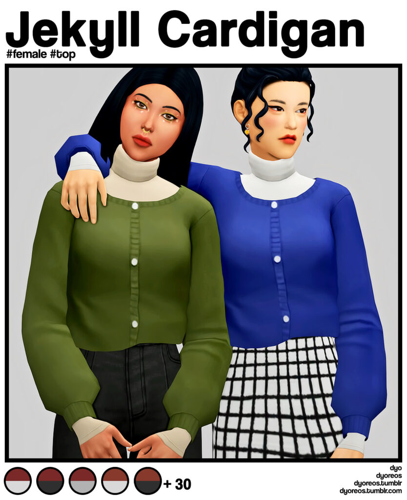 Zwei weibliche Sims, die sich gegenseitig umarmen, sie tragen dieselbe Strickjacke in Blau und Grün.