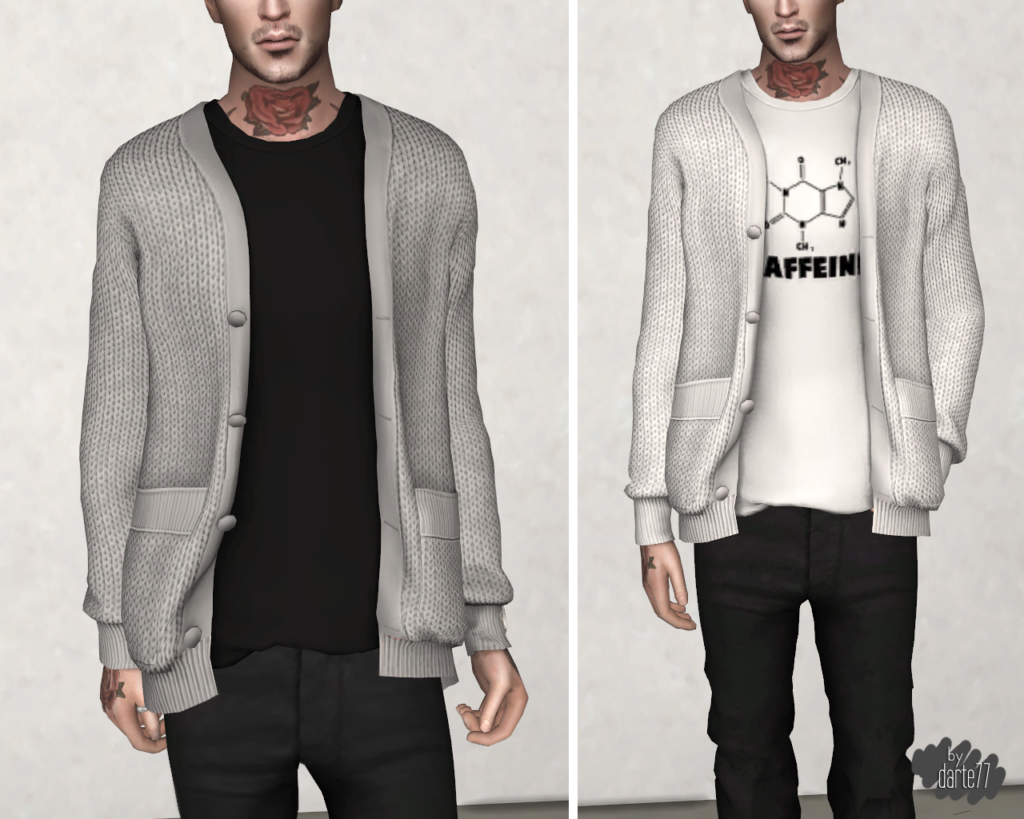 Zwei Bilder nebeneinander von demselben Sim, der ein Hals-Tattoo einer Rose hat. Sie tragen schwarze Jeans mit einem T-Shirt und einer gestrickten Sims 4 CC-Strickjacke.