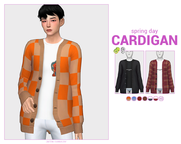 Ein Sim mit braunen Haaren und viel Rouge, der eine weiße Hose und ein weißes T-Shirt mit einem orangefarbenen und braunen Schachbrettmuster-Pullover trägt.