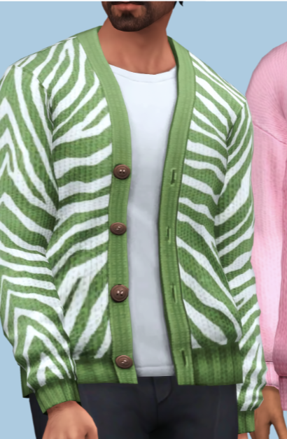 Ein Bild einer Sim, bei dem das Gesicht abgeschnitten ist, sie trägt ein weißes T-Shirt mit einem grün-weiß gestreiften Zebrapullover darüber.