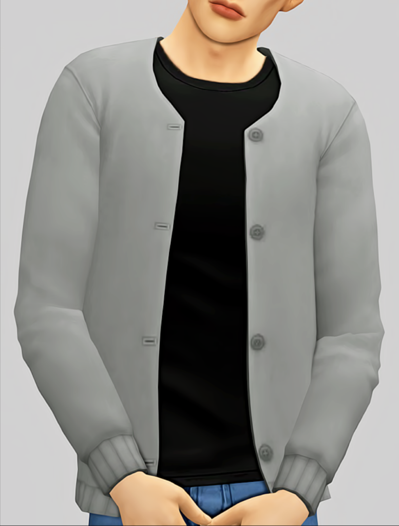 Ein Sim steht in einem schwarzen T-Shirt mit einem grauen Sims 4 CC-Cardigan oben drauf. Das Gesicht des Sims ist aus dem Bild geschnitten.