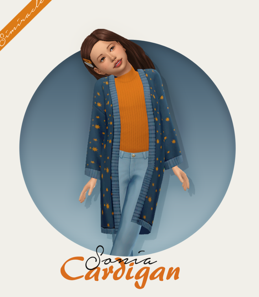 Ein Sim steht mit dem Kopf zur Seite, er trägt blaue Jeans, ein orangefarbenes Hemd und einen langen blauen Sims 4 CC Cardigan mit orangefarbenen Sternen.