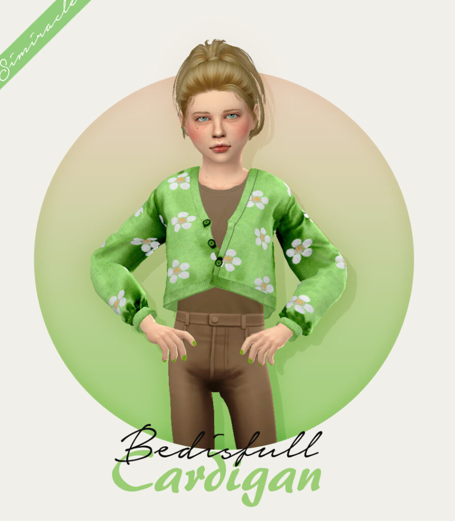 Ein blondes Kind aus Die Sims 4, das einen CC-Cardigan trägt, der leuchtend grün mit weißen Gänseblümchen ist. Sie tragen auch ein braunes Tanktop und braune Hosen mit grün lackierten Nägeln.