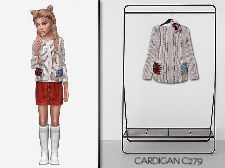 Ein Sim posiert in einem grauen Cardigan, einem roten Rock und weißen Stiefeln.
