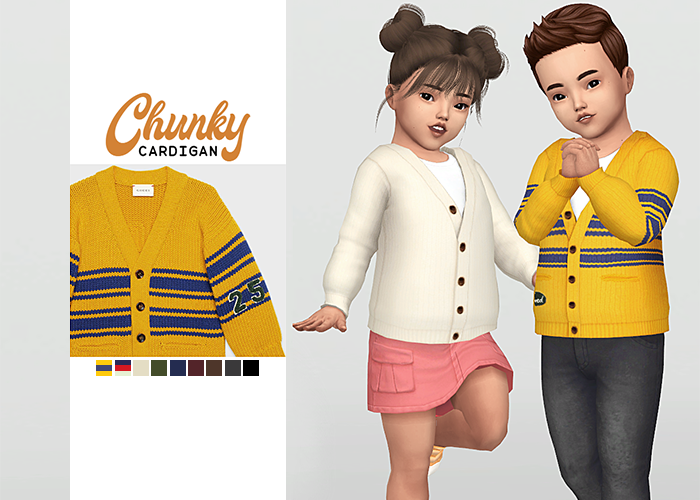 Ein männliches und ein weibliches Kleinkind aus Die Sims 4 stehen nebeneinander in passenden Cardigans und unterschiedlichen Posen.