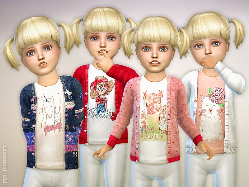 Die gleiche gruselig aussehende blonde Simin vierfacher Ausführung mit Zöpfen, sie tragen alle weiße Hosen und verschiedene Farbvarianten derselben Sims 4 CC-Strickjacke.