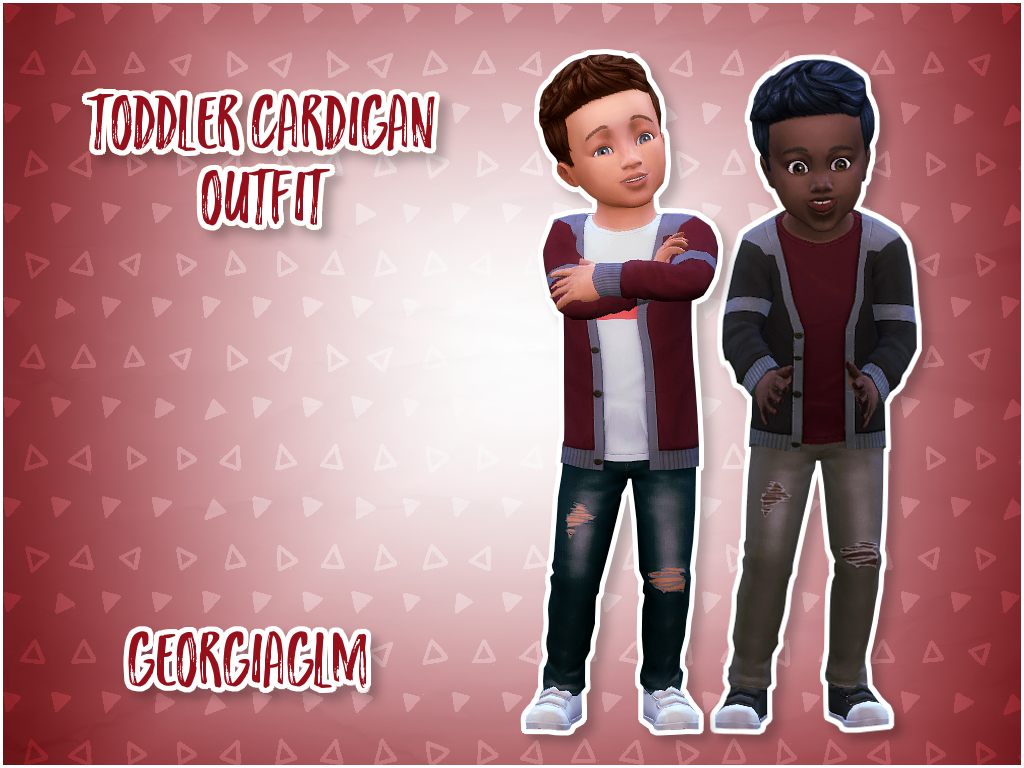 Zwei männliche Kleinkinder aus Die Sims 4, die passende Jeans- und Strickjackenoutfits auf einem roten Hintergrund mit Dreiecken tragen. CC