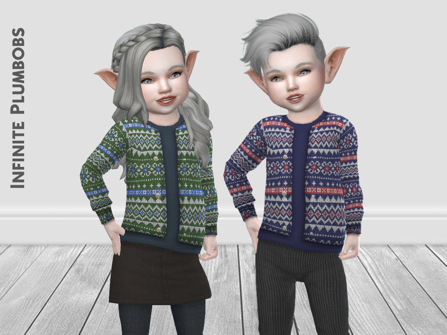 Zwei Kleinkinder aus Die Sims 4 stehen nebeneinander und posieren in festlichen CC-Cardigans.