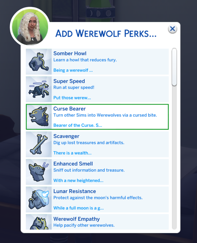 Werwolf-Perk-Seite für Sims 4 Werwolf-Cheats-Mod