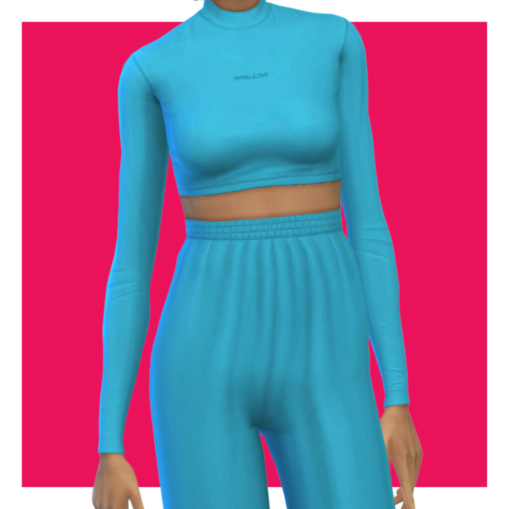 Ein Sim auf einem rosa Hintergrund, der ein zweiteiliges Loungewear-Set mit hoch taillierten Jogginghosen und einem Langarm-Crop-Top trägt.