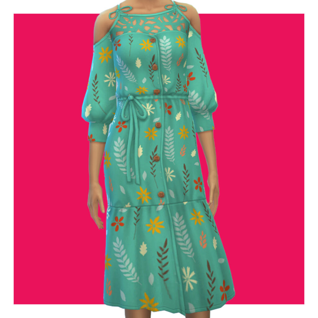 Ein Sim auf einem rosa Hintergrund, der ein knielanges türkisfarbenes Kleid mit Blumenmustern trägt.