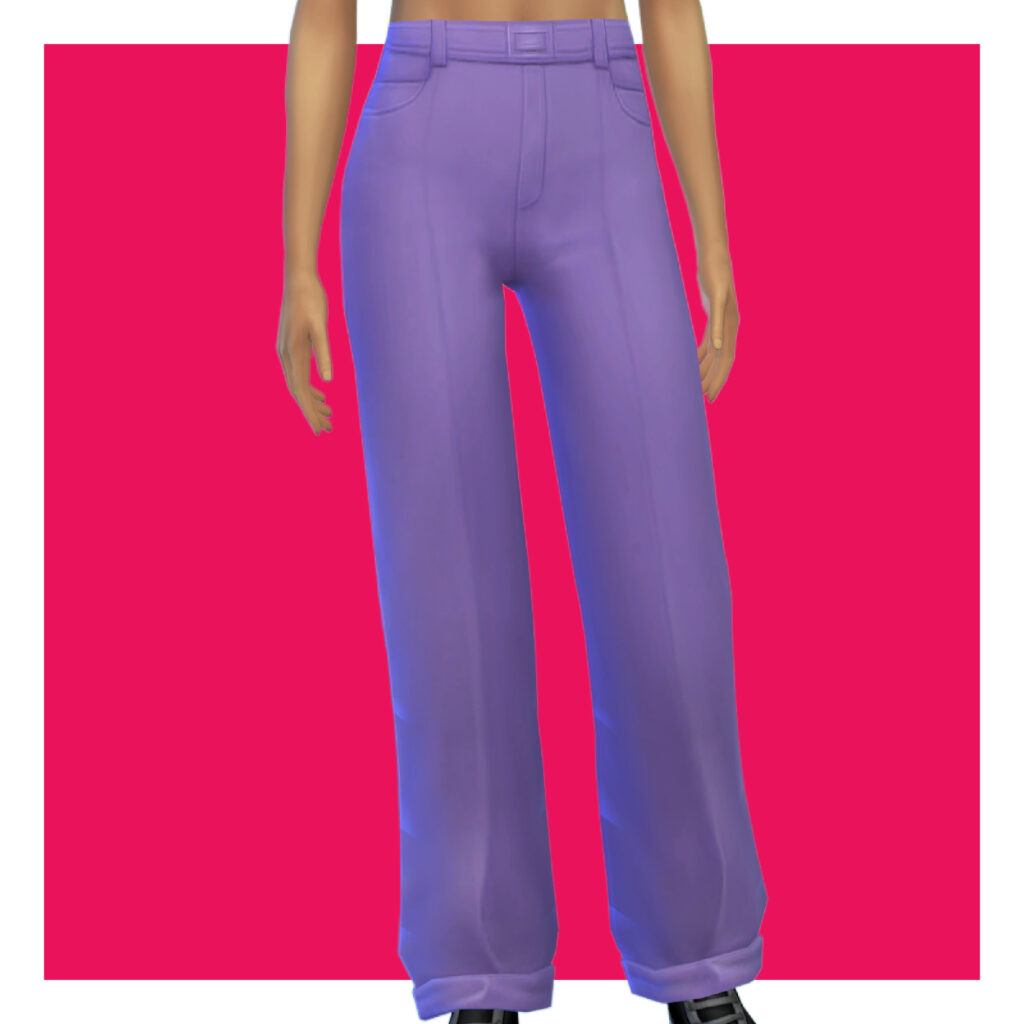Ein Sim auf einem rosa Hintergrund, der lila weite Hosen trägt.