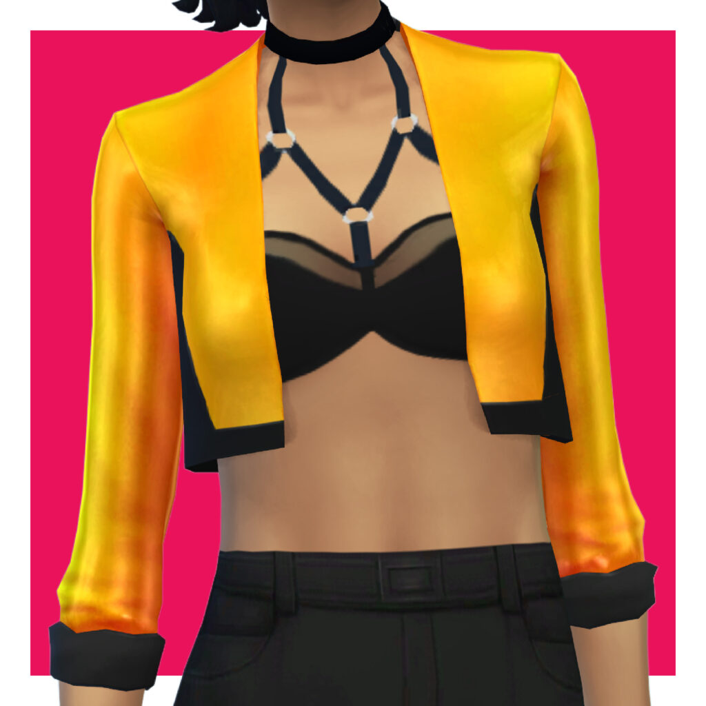Ein Sim auf einem rosa Hintergrund, der ein Bra-Top trägt, das durch schwarze Stoffstücke und Metall verbunden ist, unter einer leuchtend gelben verkürzten Jacke.