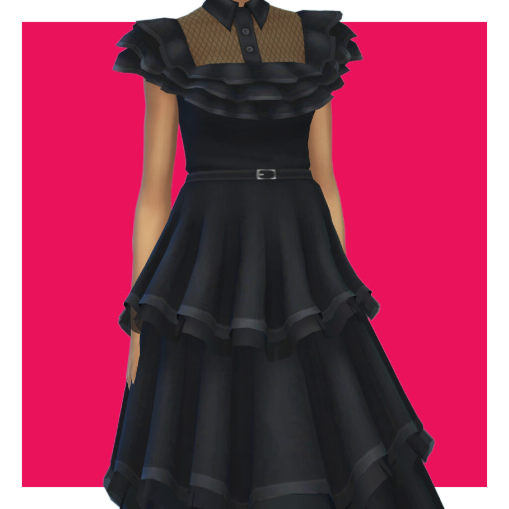 Ein Sim auf einem rosa Hintergrund trägt das Kleid, das Mittwoch Addams in der Tanzszene der Netflix-Serie getragen hat.